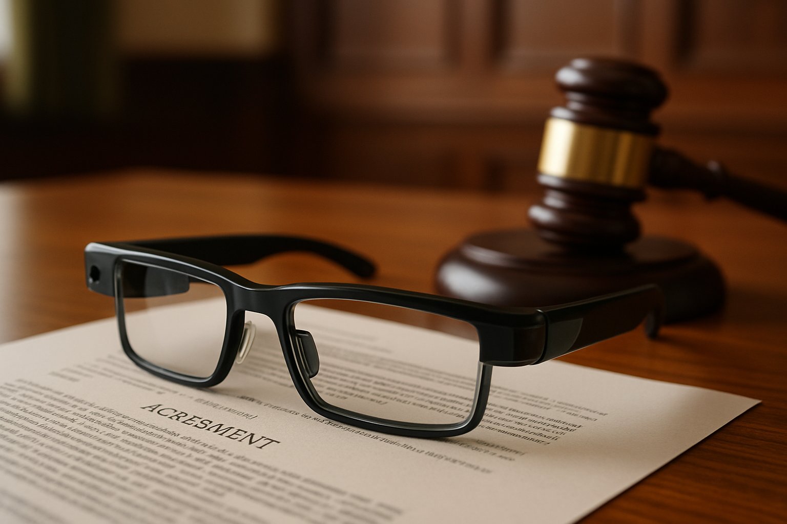Wearable AI smartglasses placed on legal documents symbolize privacy and lawsuit concerns.