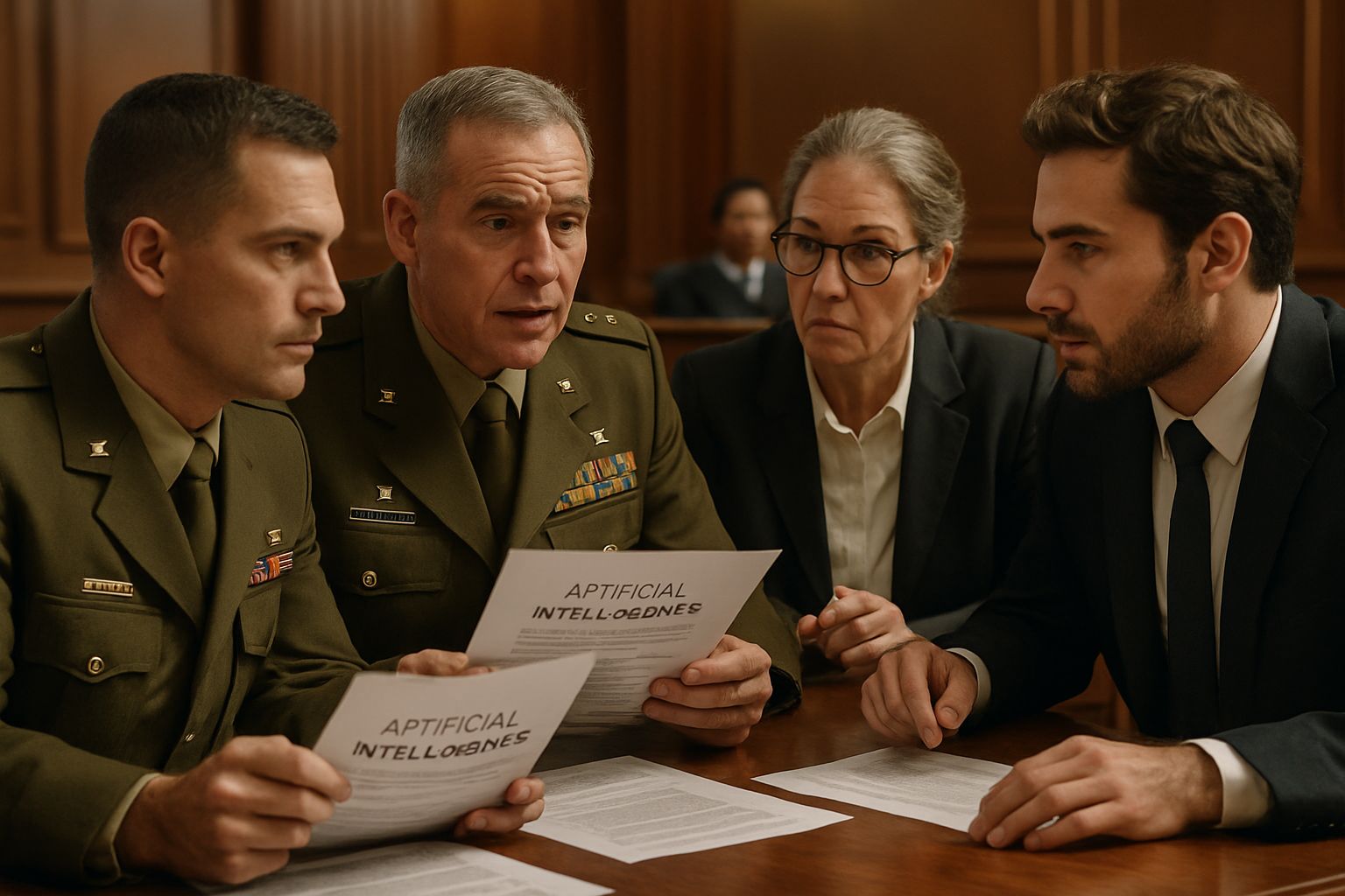 Military AI Use debated in a courtroom by officers and lawyers.