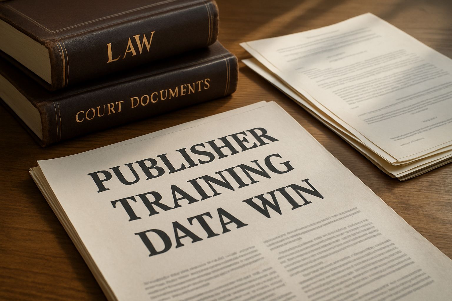 Publisher Training Data Win lawsuit documents and law books on a desk