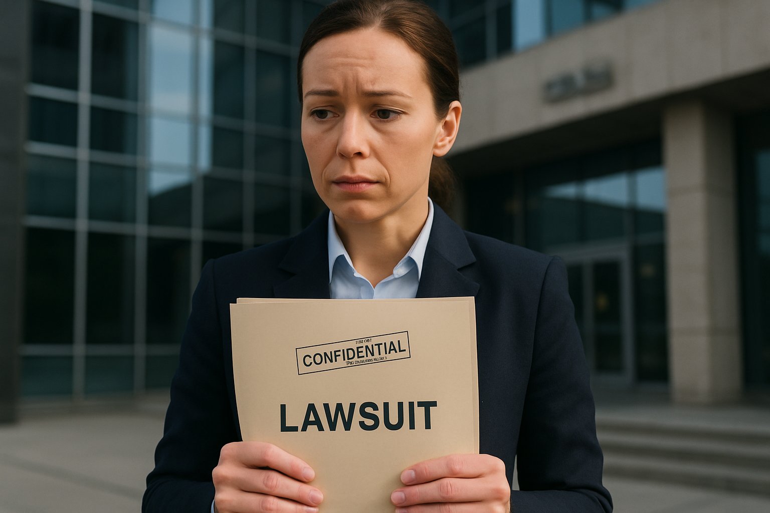 Professional with lawsuit papers outside corporate building for Tech Leadership Scandal.