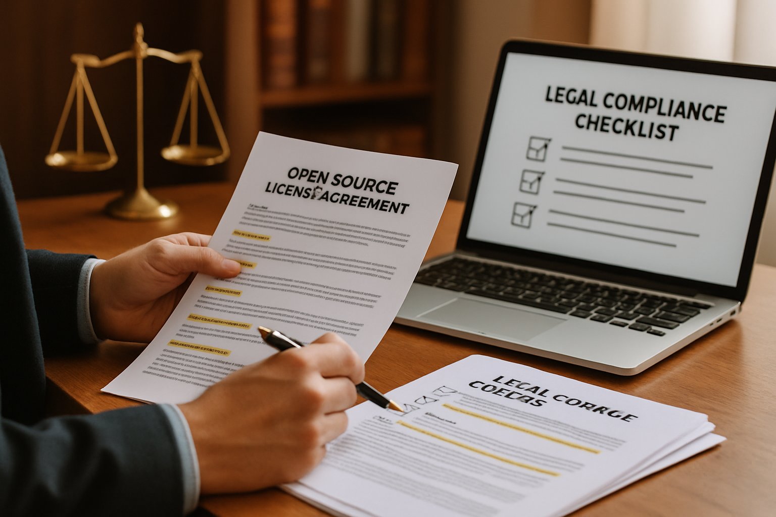 Legal expert reviews Open Source License compliance documents at their desk.