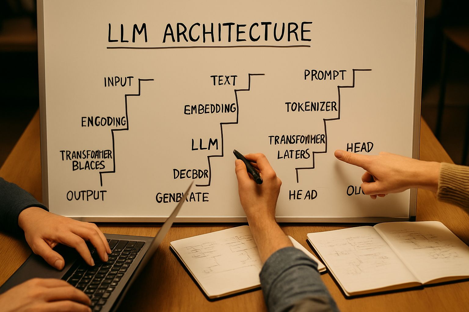 Whiteboard session explains LLM Technical Architecture staircase flow.