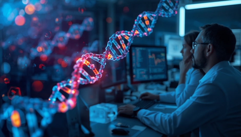 AI-driven precision DNA editing visualization in biotech research