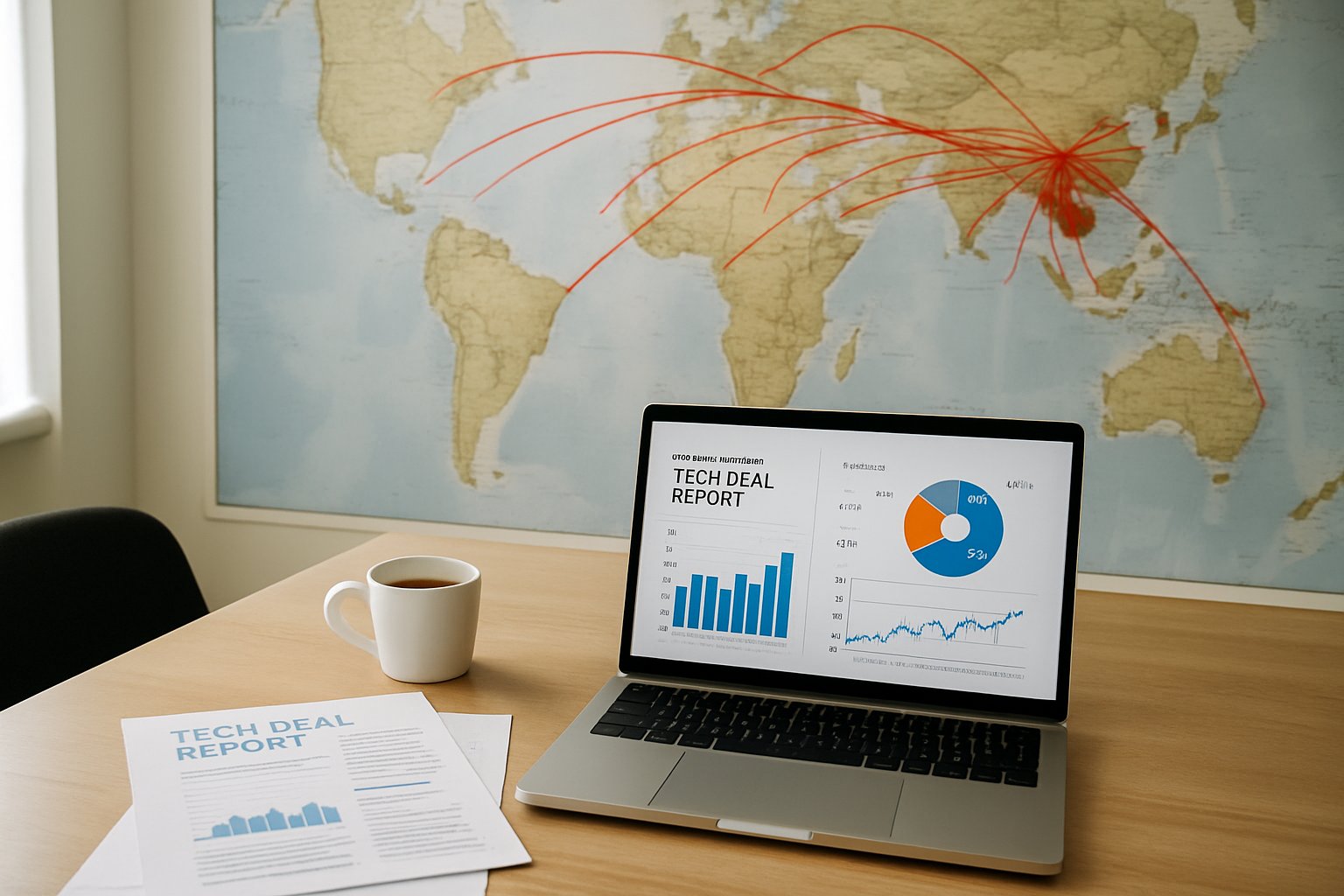 Workspace illustrating Transnational Tech Deals with global connections.