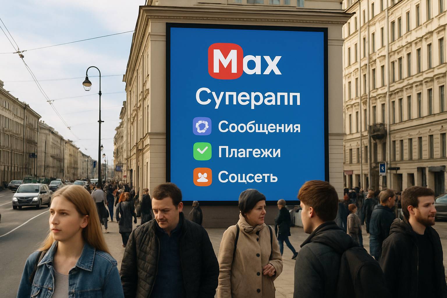 Russian city street digital billboard advertising State Messaging with Max super-app.