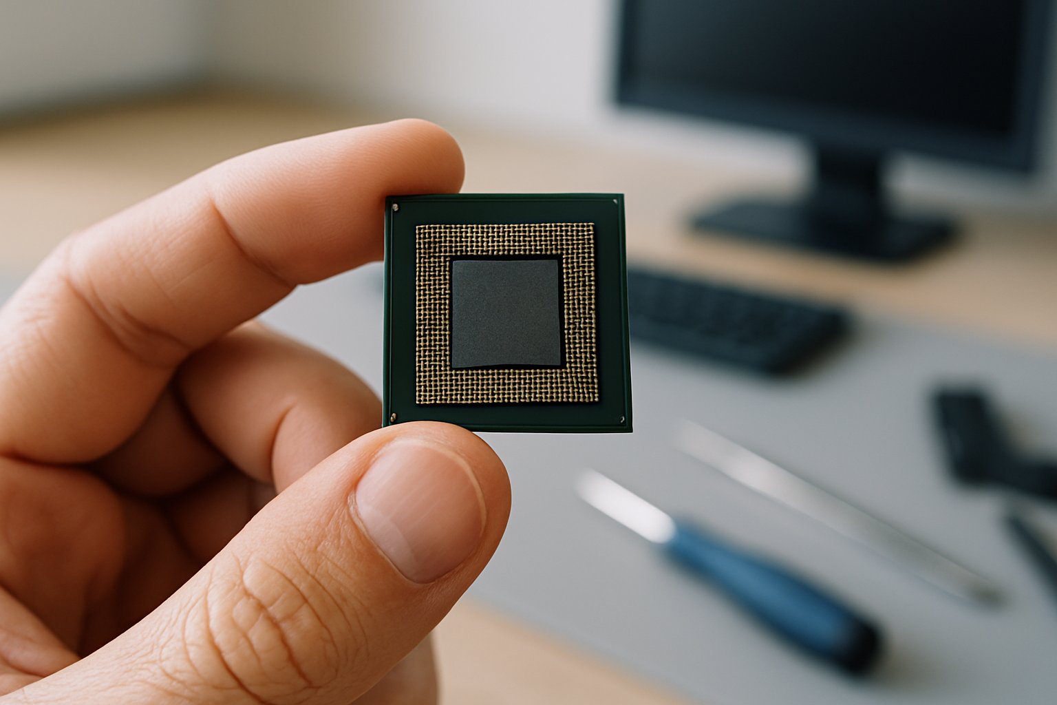 Hand holding memory chip highlighting Hardware Scarcity Profits surge at Samsung.