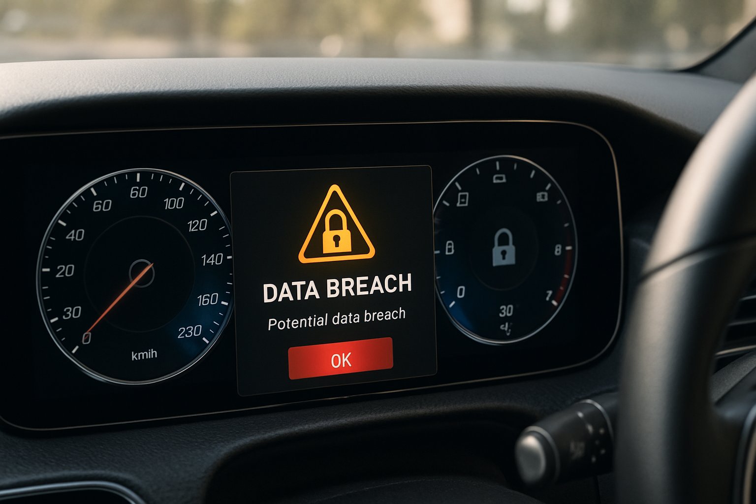 Mercedes dashboard highlights AI Data Privacy breach notification.