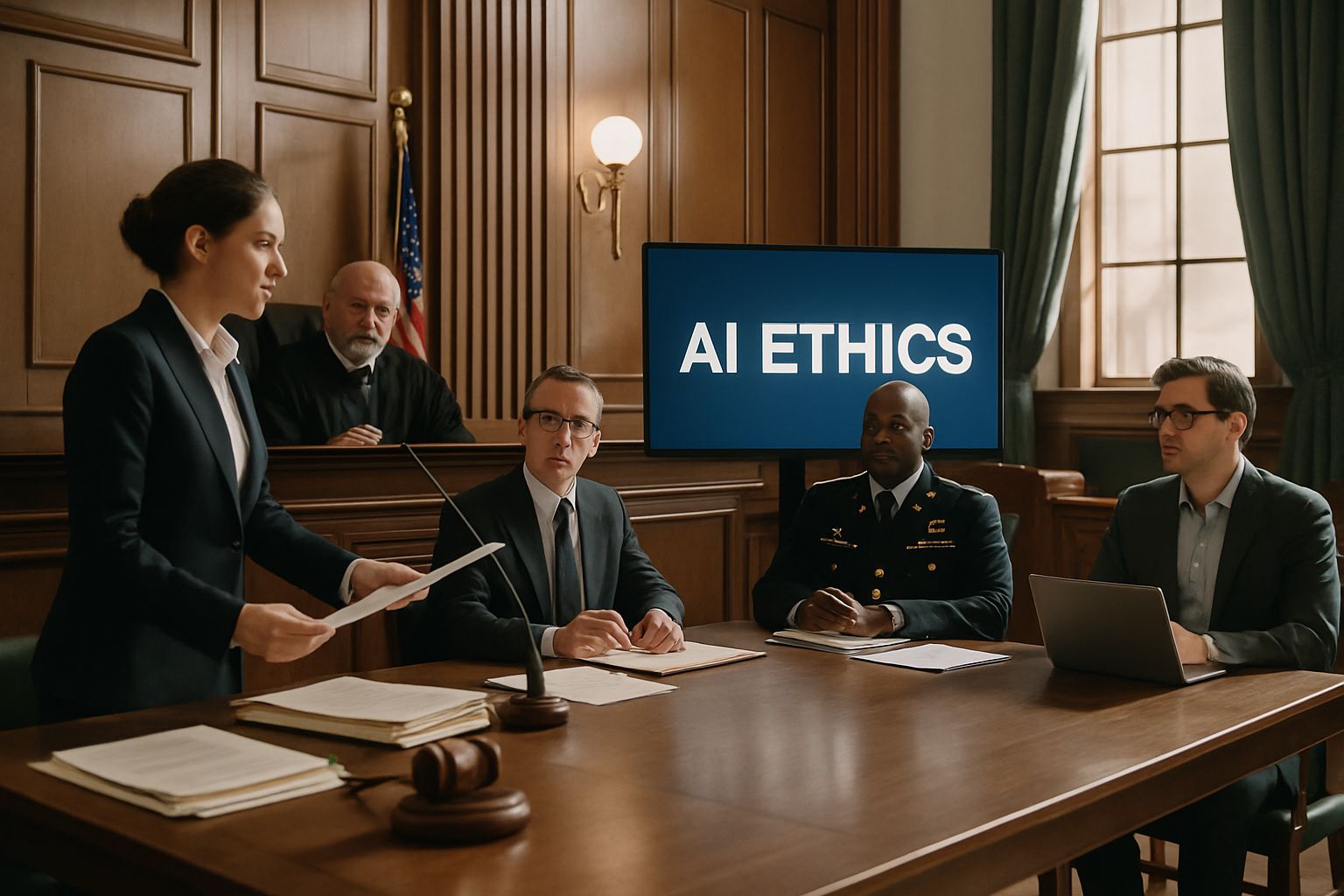 Courtroom debate over Military AI Ethics with legal and military representatives.