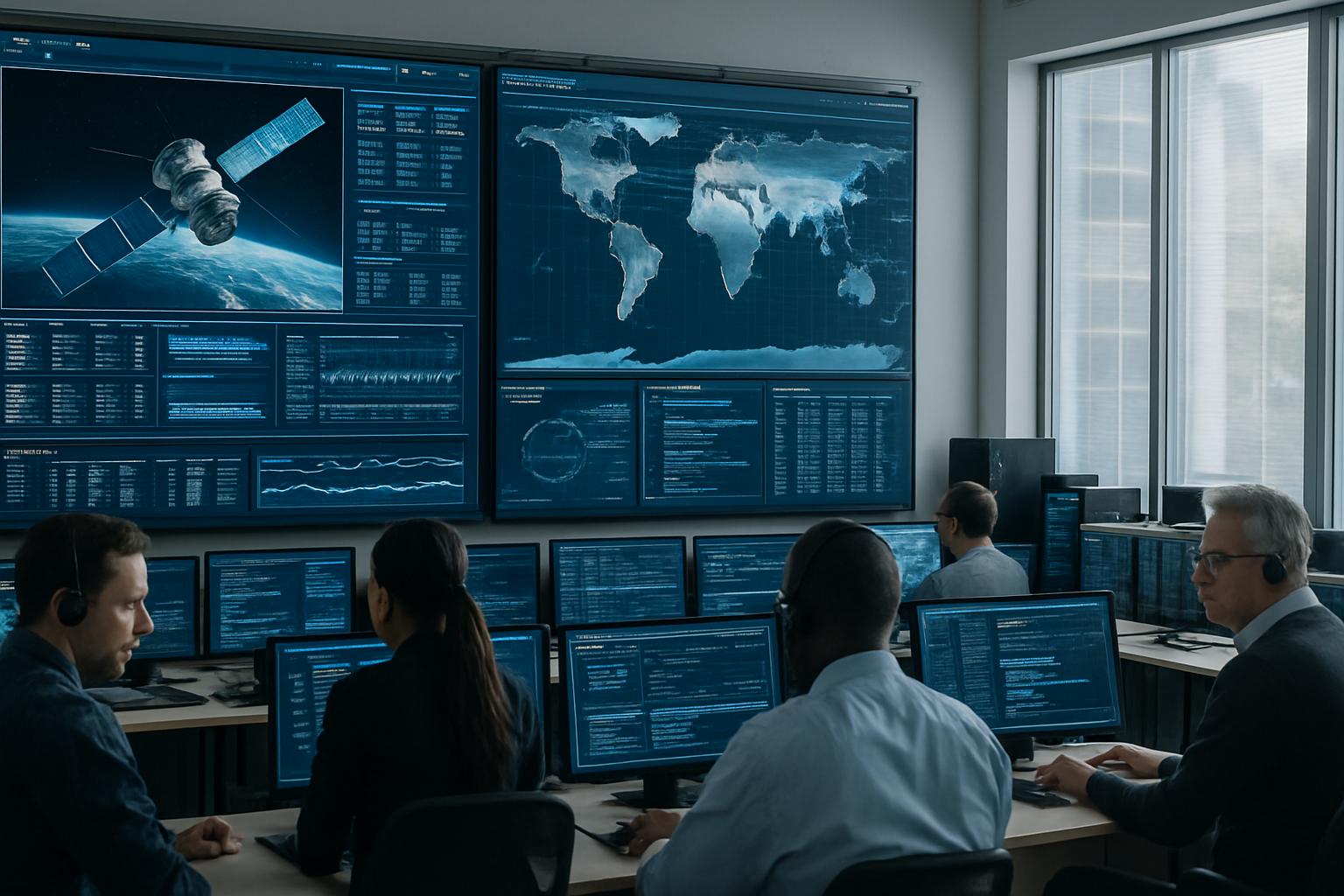 Engineers in mission control center working on the Satellite AI Race.