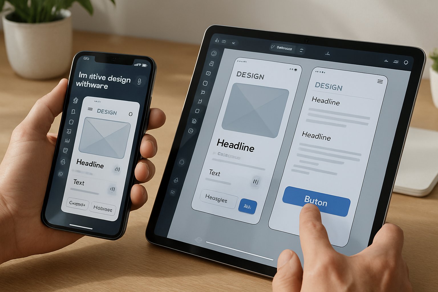 Hands using AI-powered mobile Design Tech tools in bright workspace
