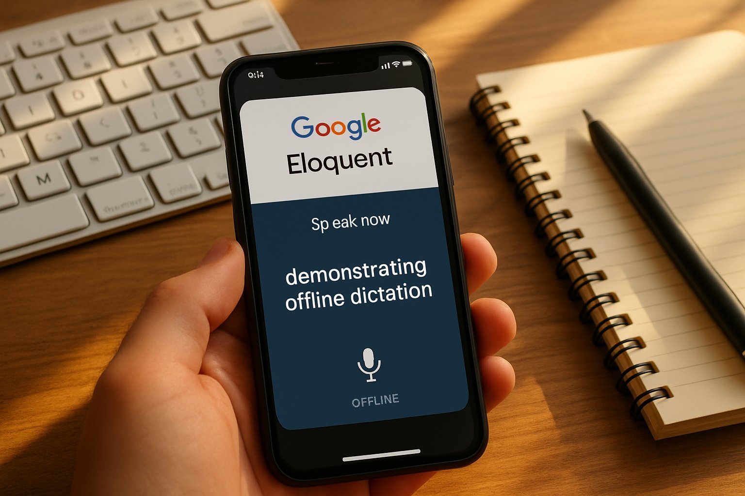 Google Eloquent app demonstrating Mobile AI dictation features on iOS