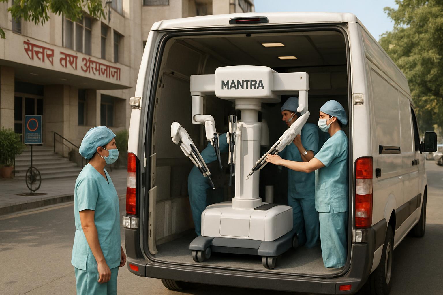 Mantra mobile unit for Robotic Surgery stationed outside New Delhi hospital.