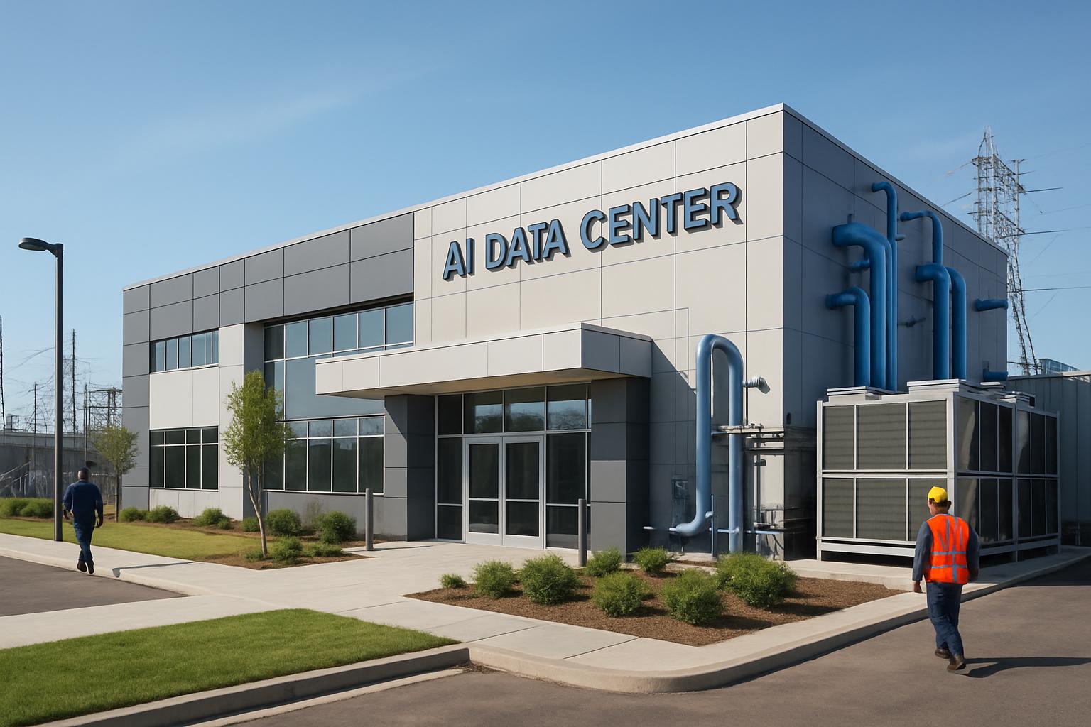 Modern AI Data Centers facility with realistic infrastructure and landscaping.