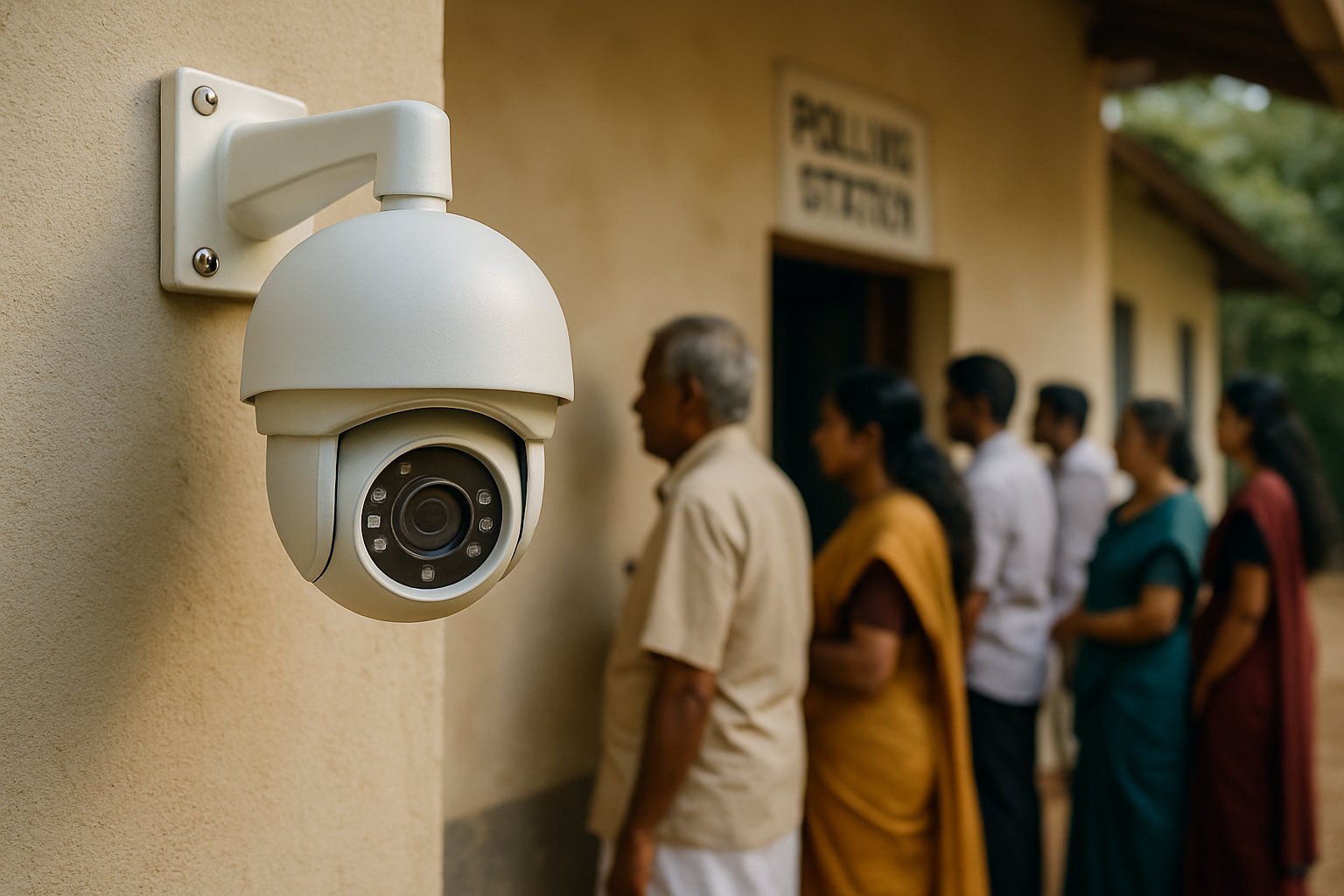 Public Surveillance camera monitoring polling queue in Kerala election setting.