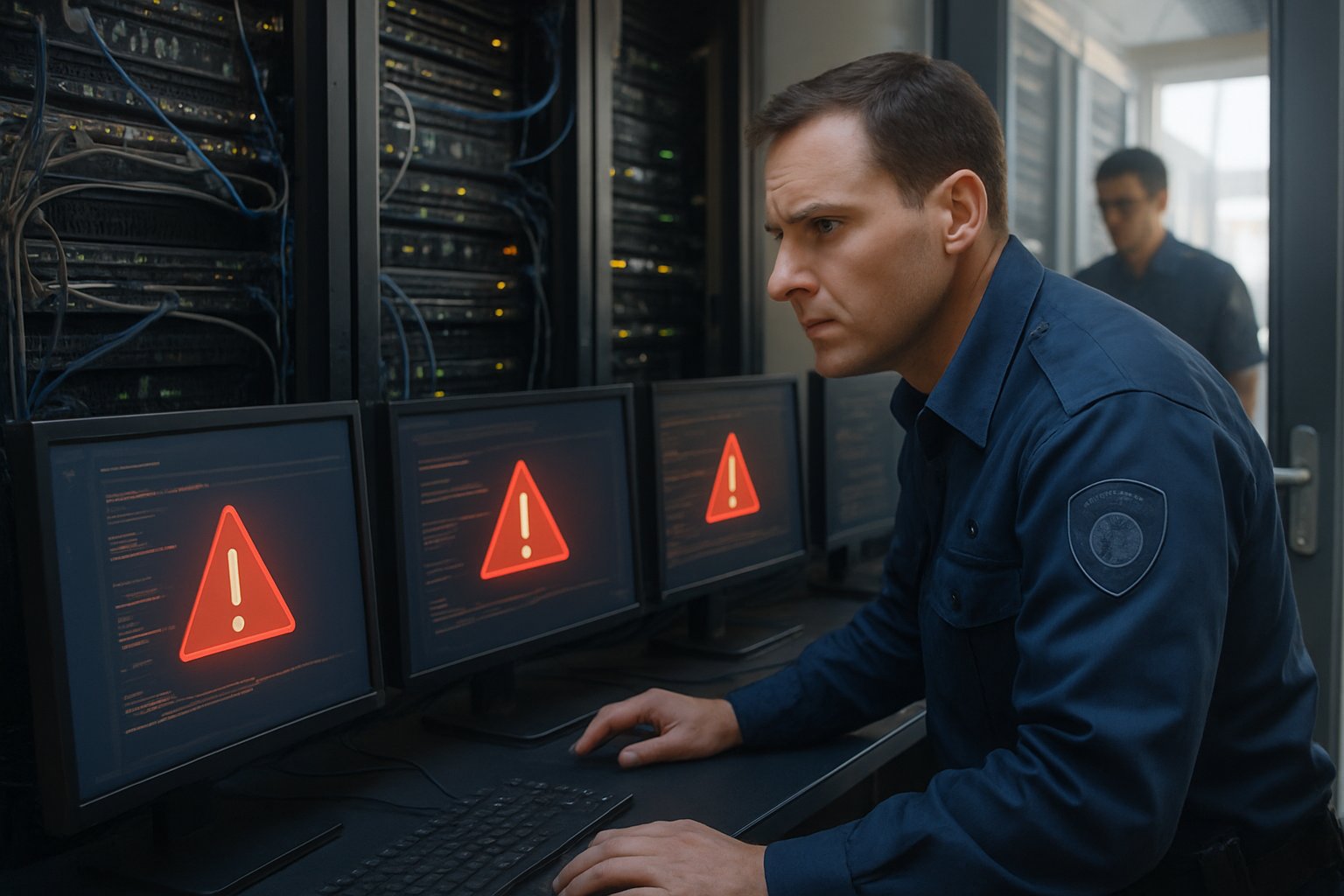 Security specialists monitor server room for AI Financial Risk alerts.