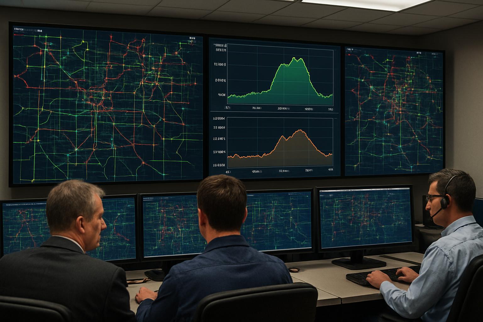 Utility workers monitor peak Electricity Demand in a grid control room.