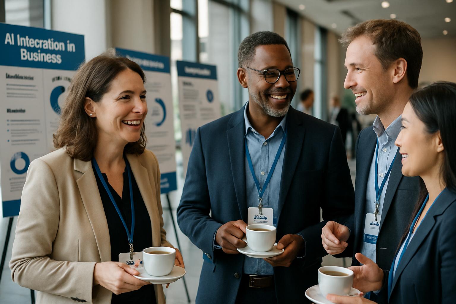 Attendees networking about AI Integration at MIT EmTech conference break.