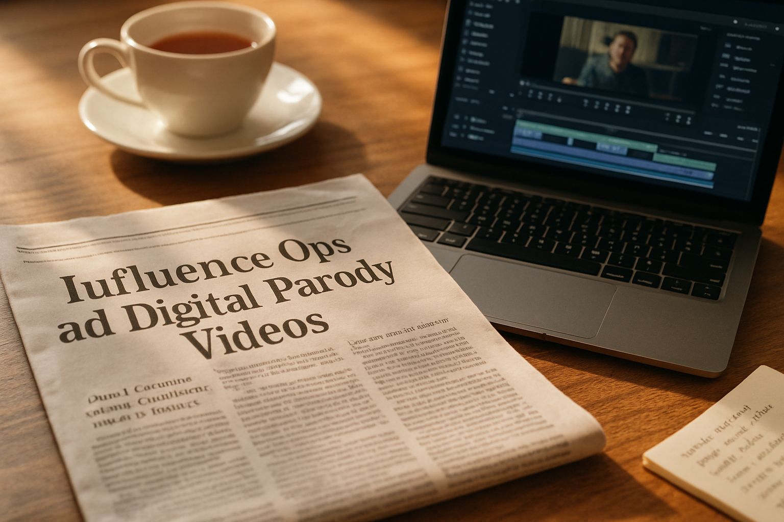 Influence Ops news headline about AI LEGO parody videos on newspaper and laptop.