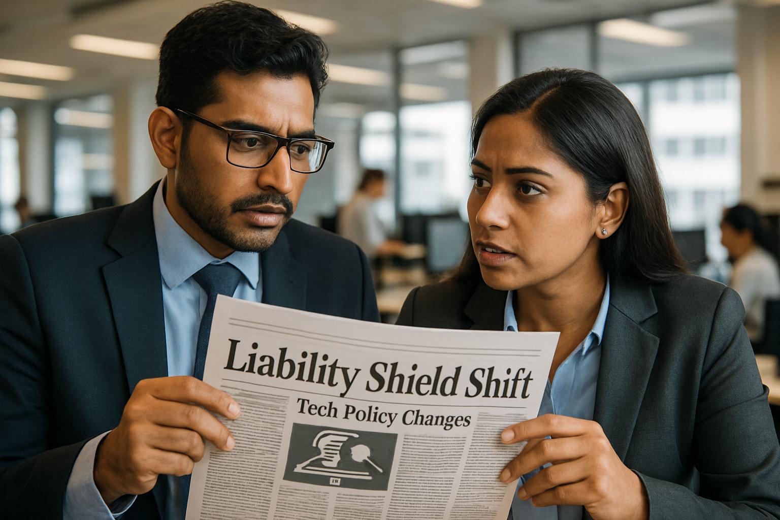 Journalists review Liability Shield Shift in Indian tech policy news.
