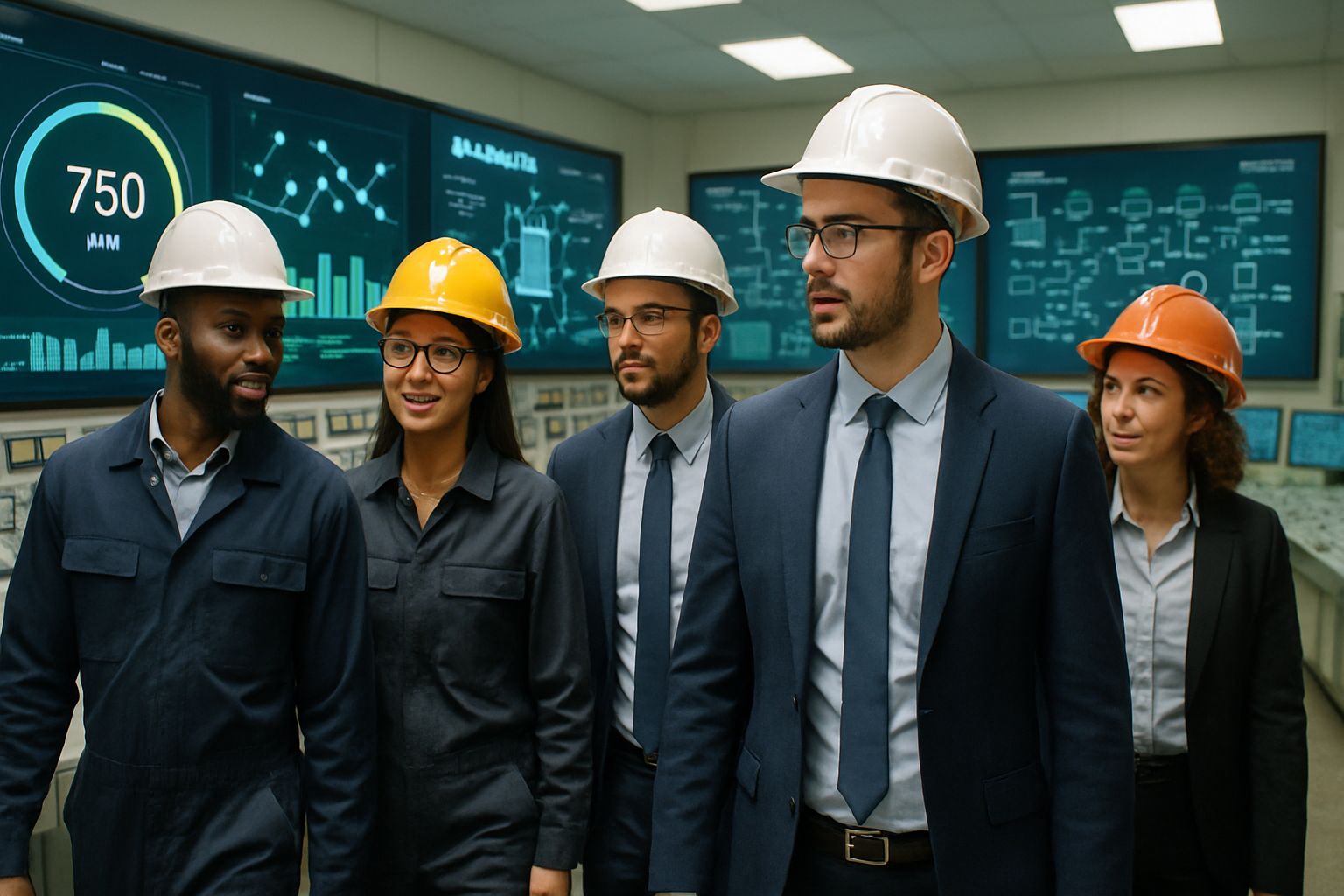 Engineers monitor nuclear-powered AI Energy systems in a control room