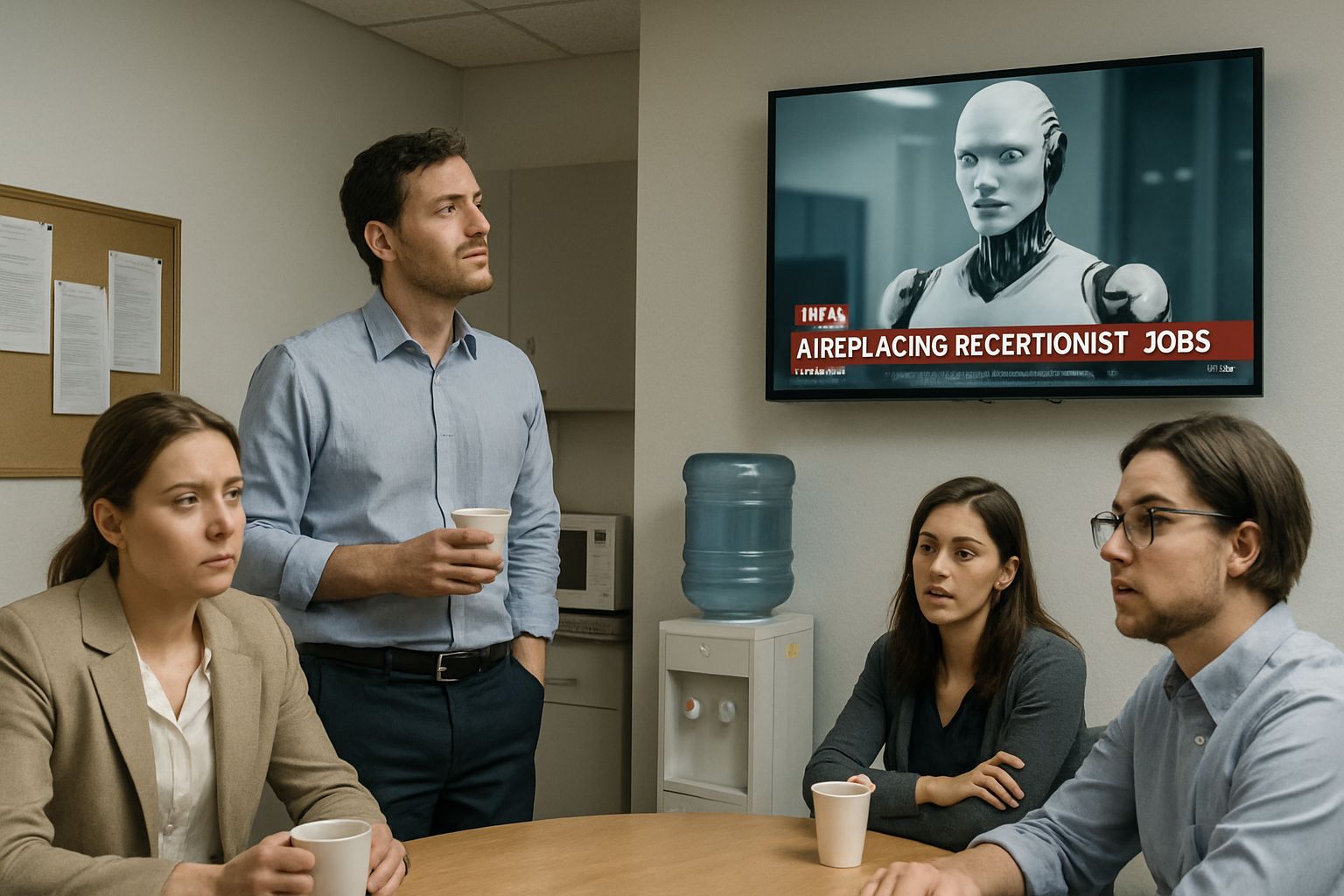 Office workers discuss Labor Displacement Crisis while watching news on AI receptionists.