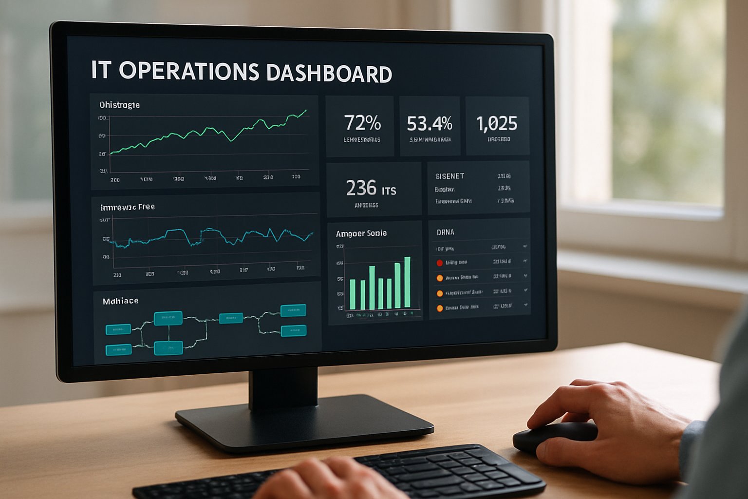 Agentic Service Management dashboard with workflow diagrams and data metrics on screen.