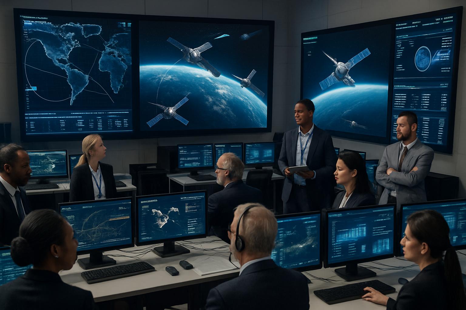 Engineers monitor Orbital Computing data center operations from an Earth-based control room.