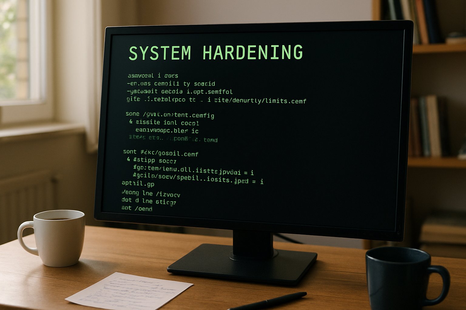 Monitor displaying OS Hardening commands in a real-world workspace.
