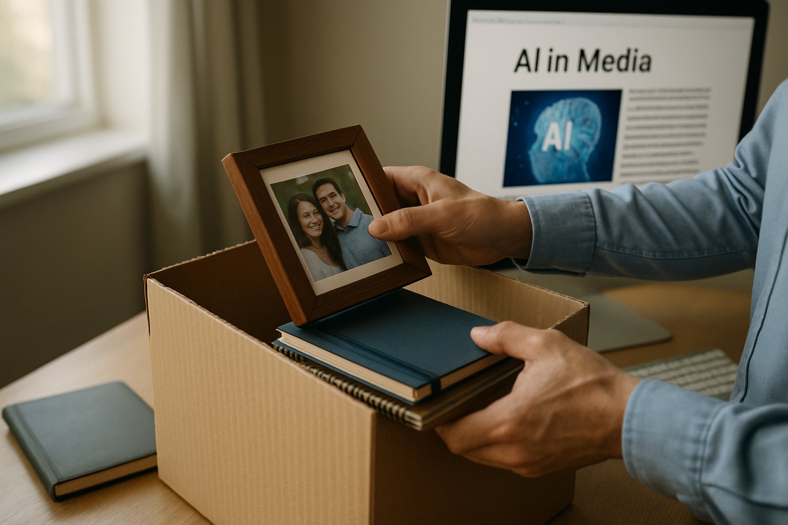 Workforce Displacement visualized by an employee packing up a desk amid AI-driven changes.