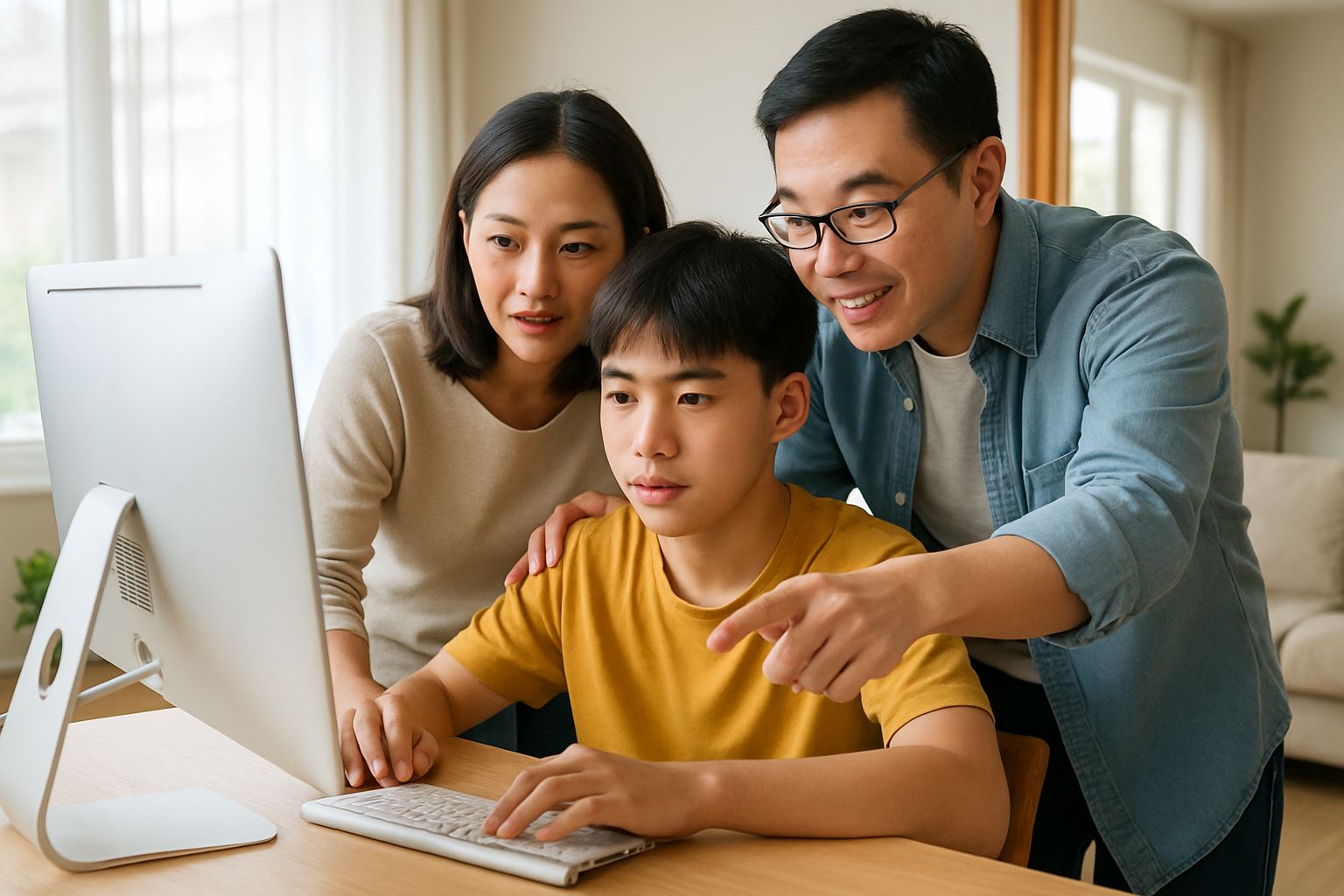 Chinese family guiding teen online under Minor Protection Law compliance at home.