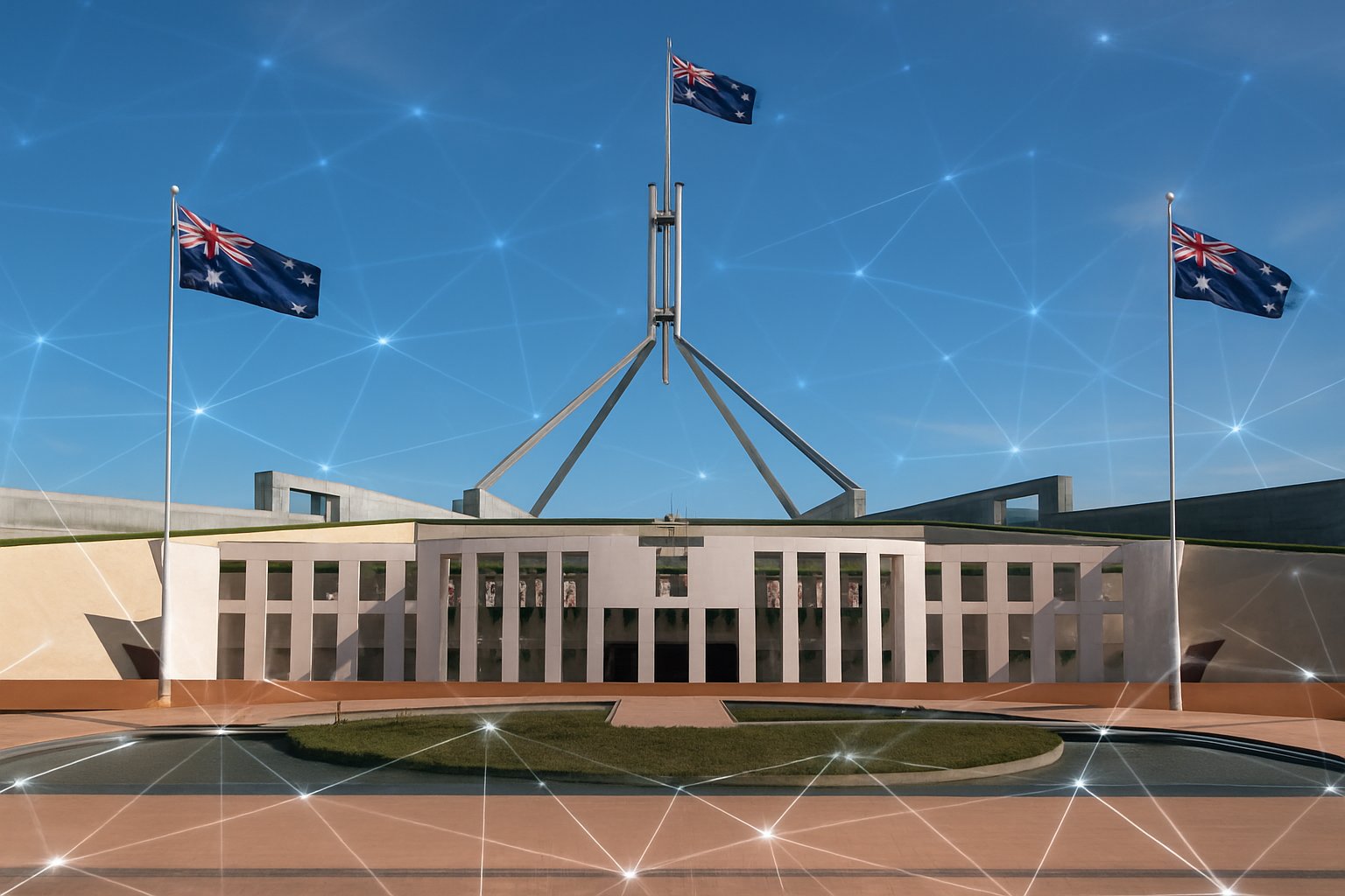 Sovereign Tech Alliance review at Canberra Parliament House with digital network overlay