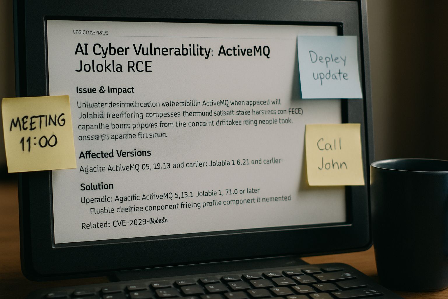 Computer showing AI Cyber Vulnerability ActiveMQ Jolokia RCE patch details.