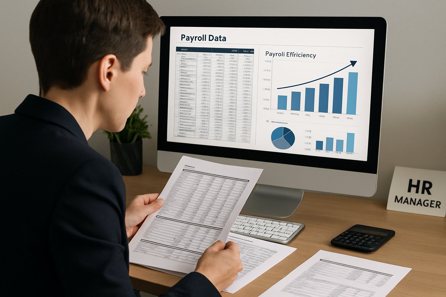 HR manager improving payroll with AI HR Technology at their desk