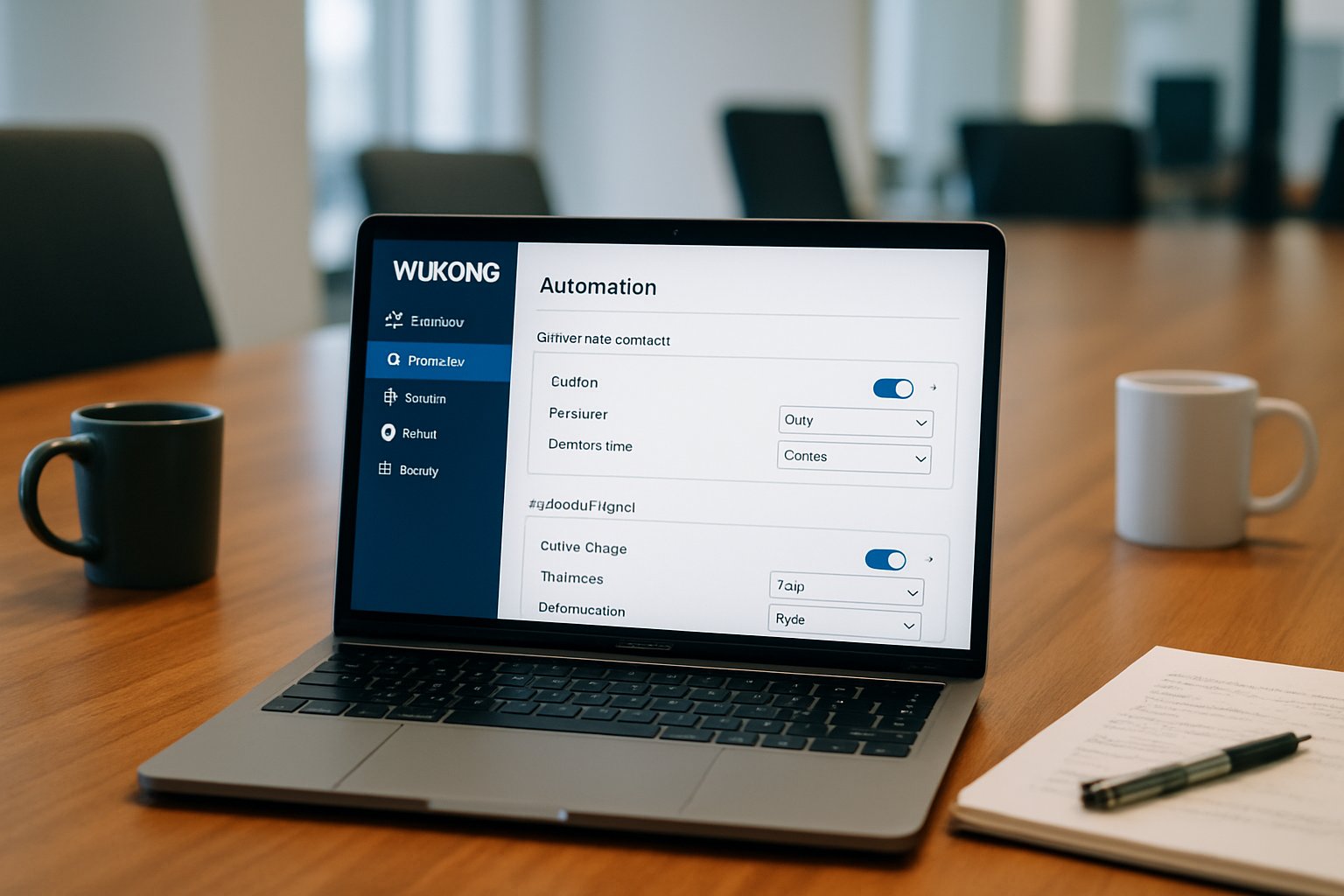 Laptop showing Wukong Enterprise Platform automation features in office setting.