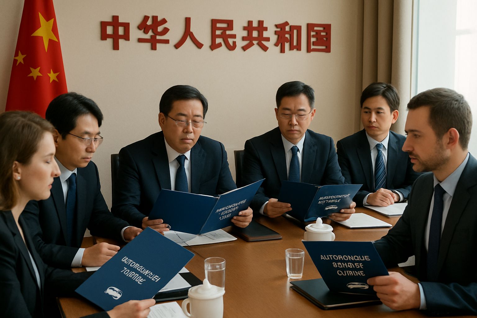 Autonomous Vehicle Policy discussion among Chinese officials and industry leaders in meeting room