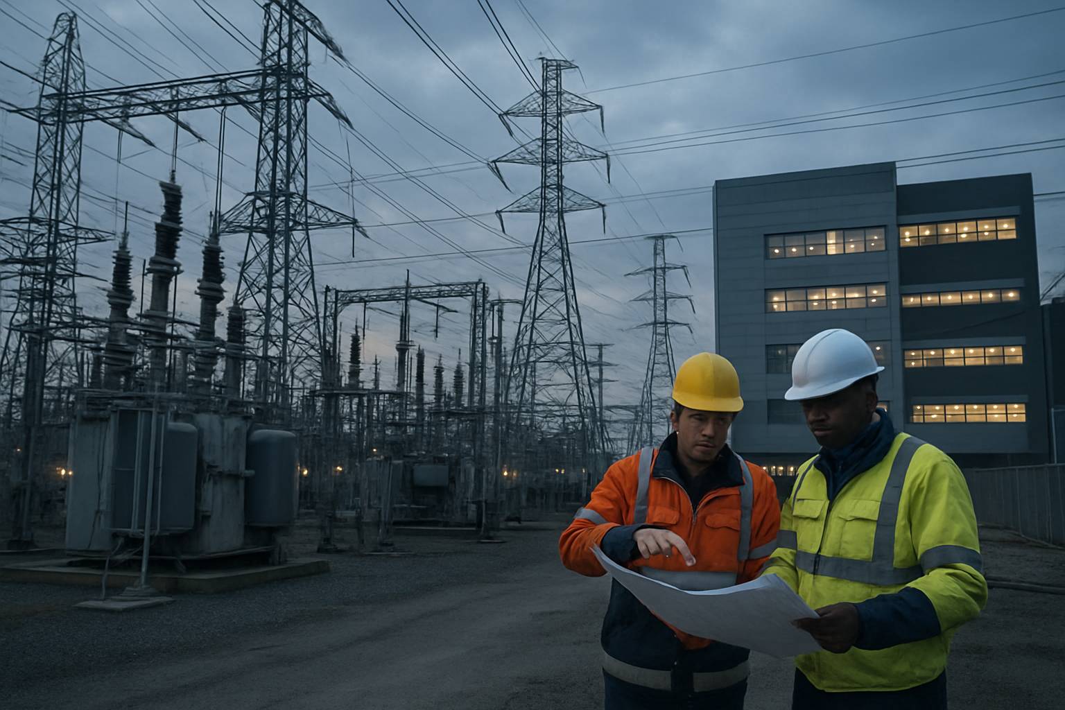 Compute Capacity Crisis illustrated by crowded US power grid near a large data center.