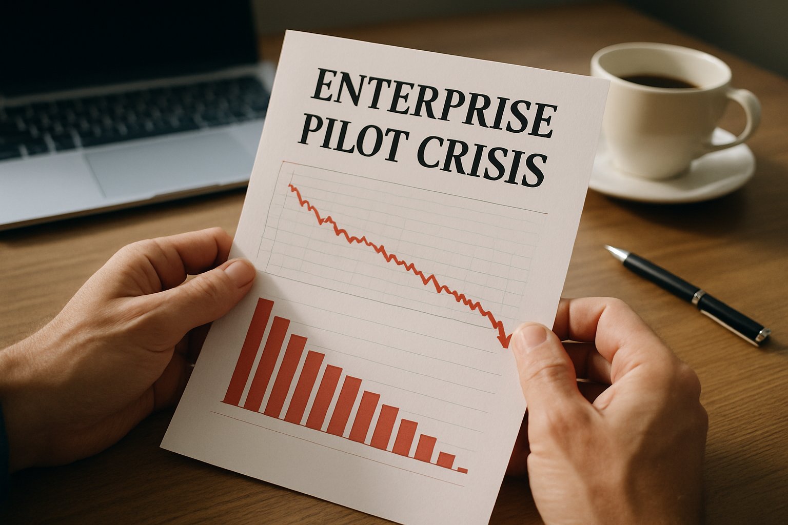 Enterprise Pilot Crisis report with declining ROI graphs in a real office setting.