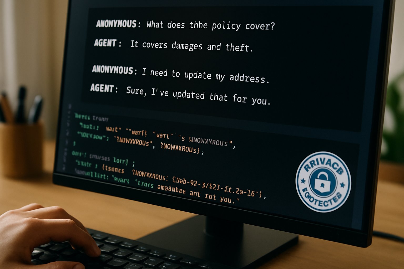 Financial AI system processing anonymized insurance conversations for privacy-focused automation.