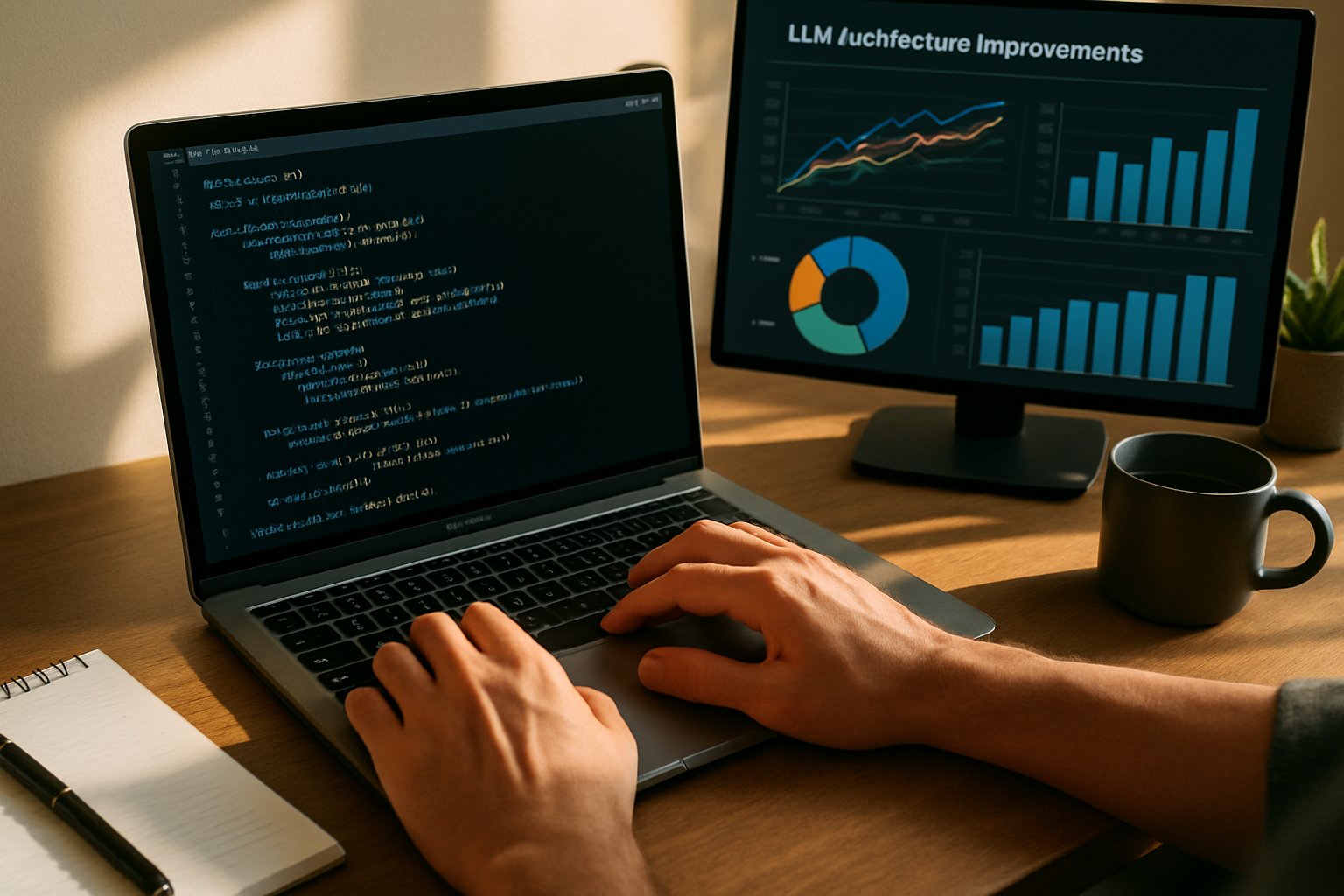 Programmer coding with data graphs showing LLM Architecture advancements in background.