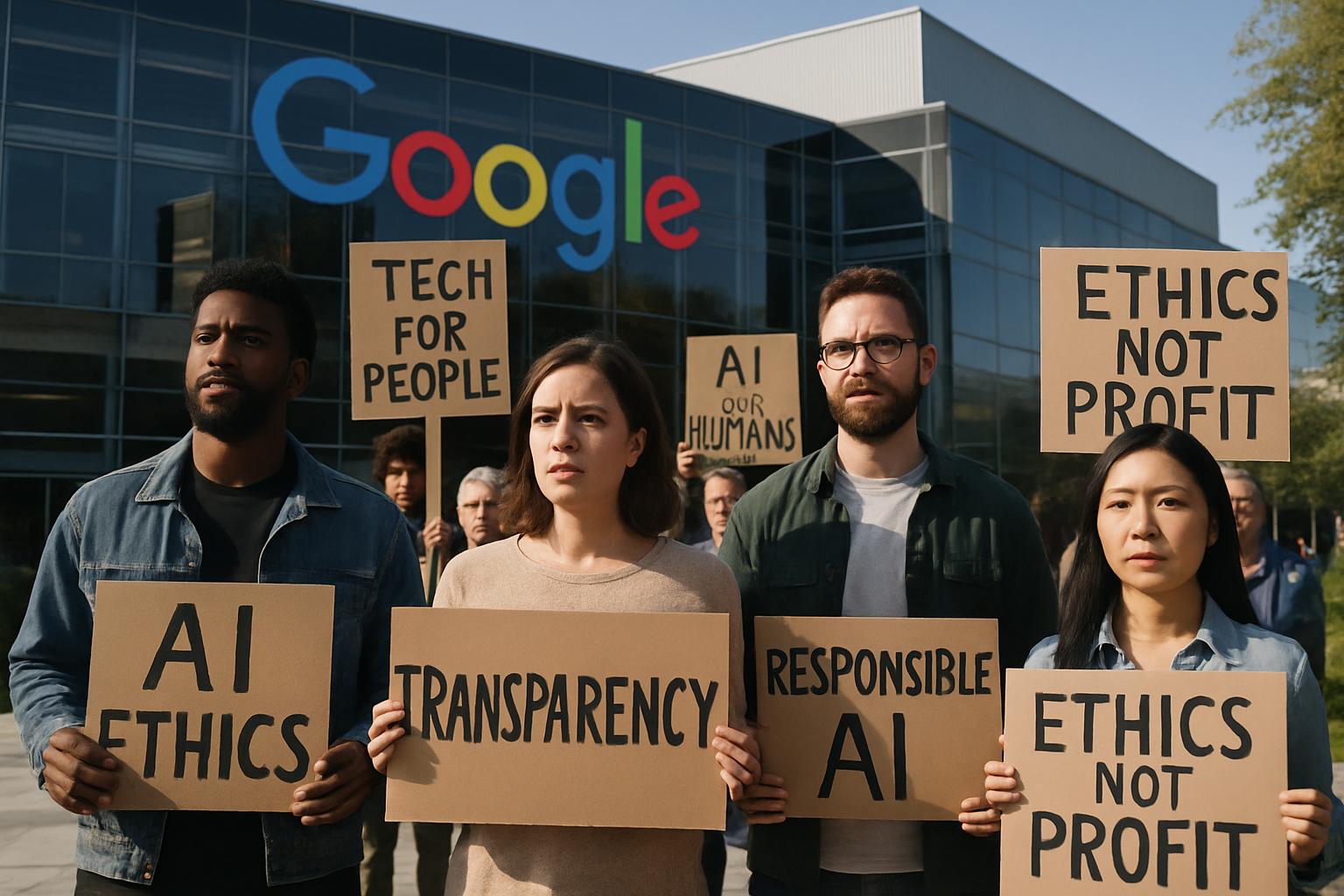 Employee protest outside headquarters over Pentagon AI ethics concerns.