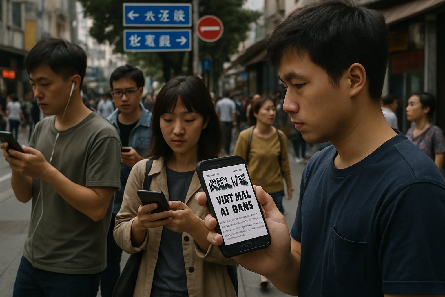 Chinese citizens encounter Social Psychology Policy news on AI ban in daily life.