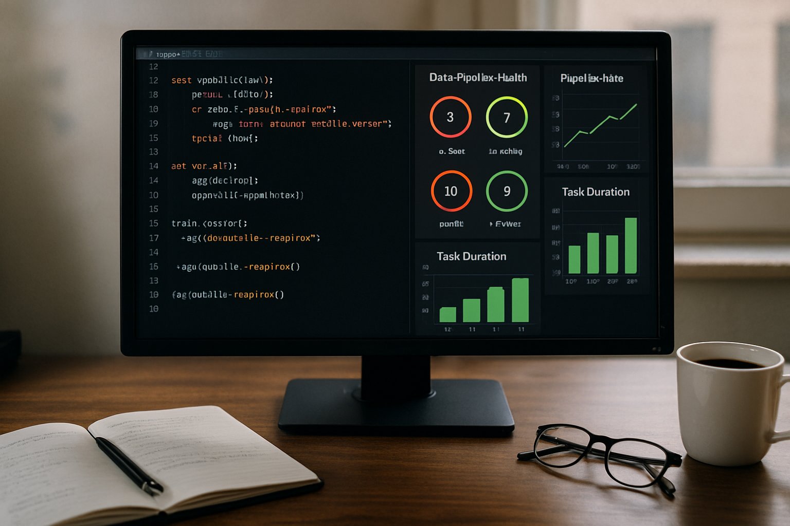 Computer monitor with Data Pipeline RAG status metrics and dashboards in office setting.