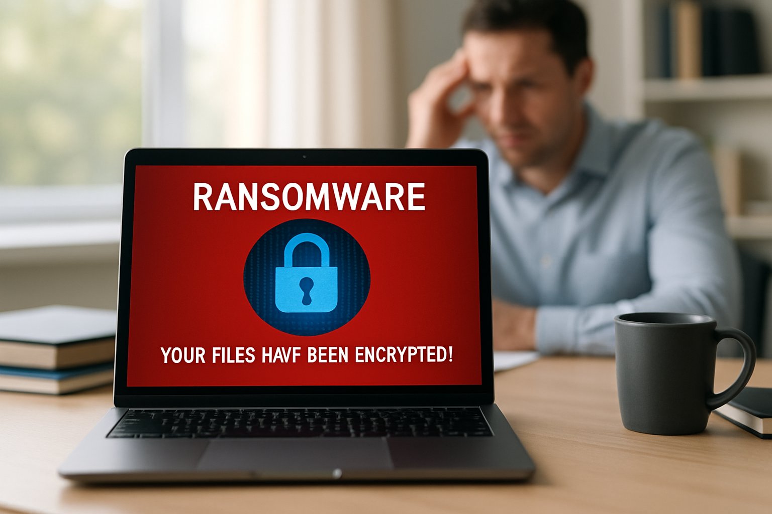 Cyber Threat ransomware attack warning on workplace laptop.