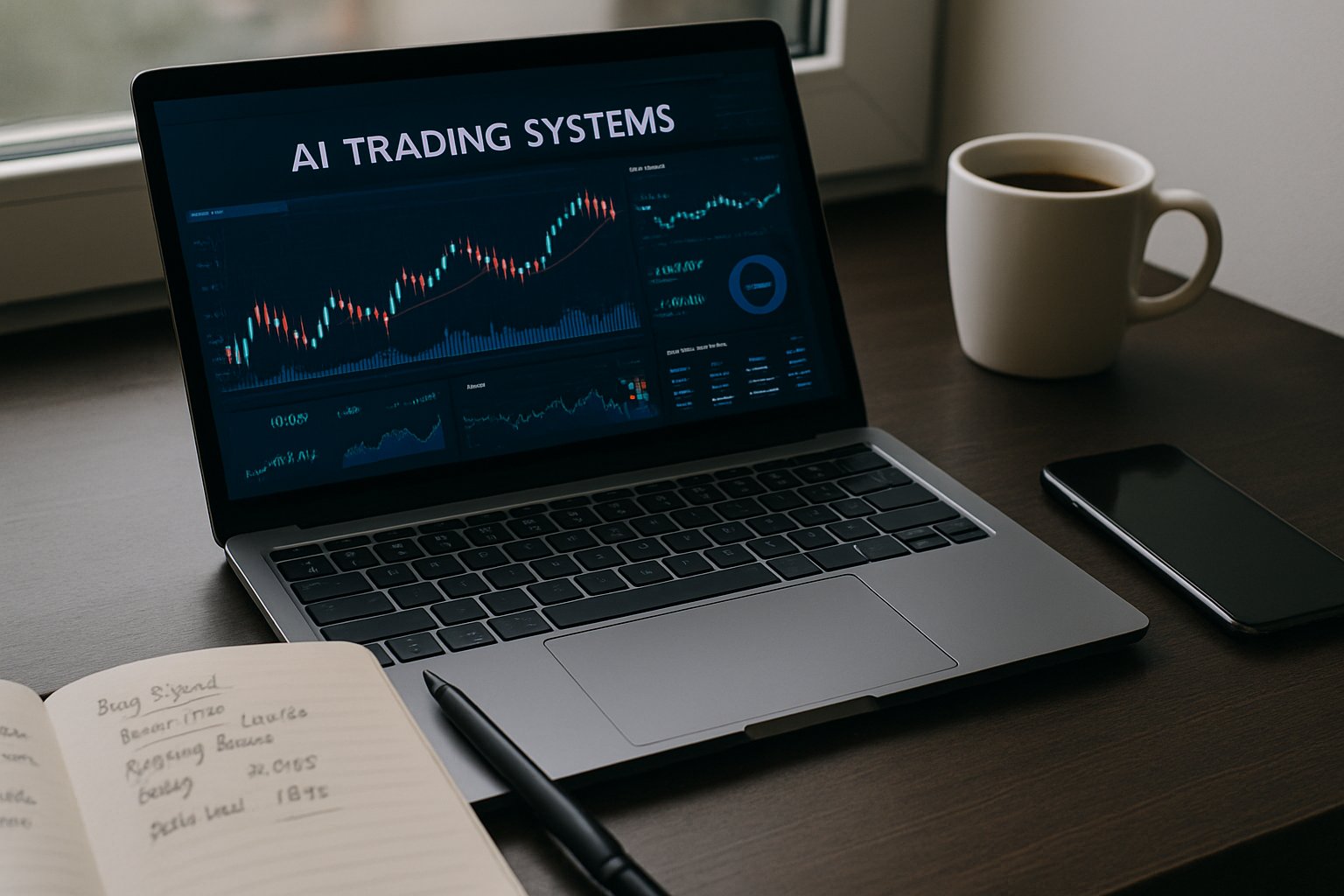 Modern desk setup featuring AI Trading Systems dashboard in natural light