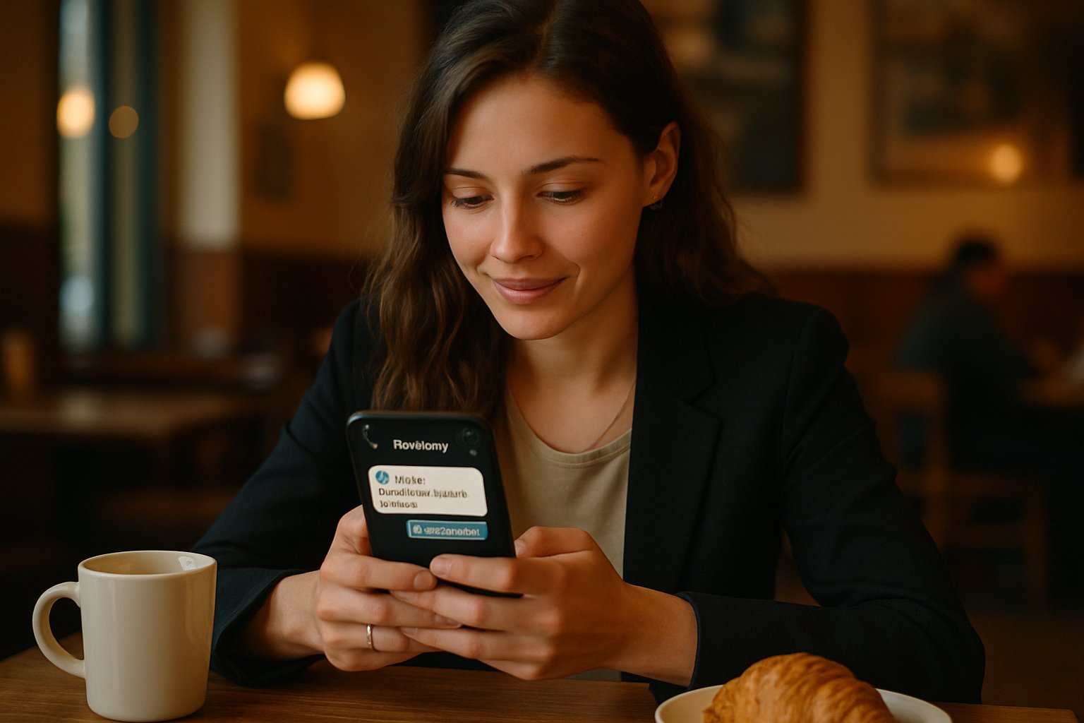 Spiritual Commerce user chats with AI Jesus bot on phone at cafe.