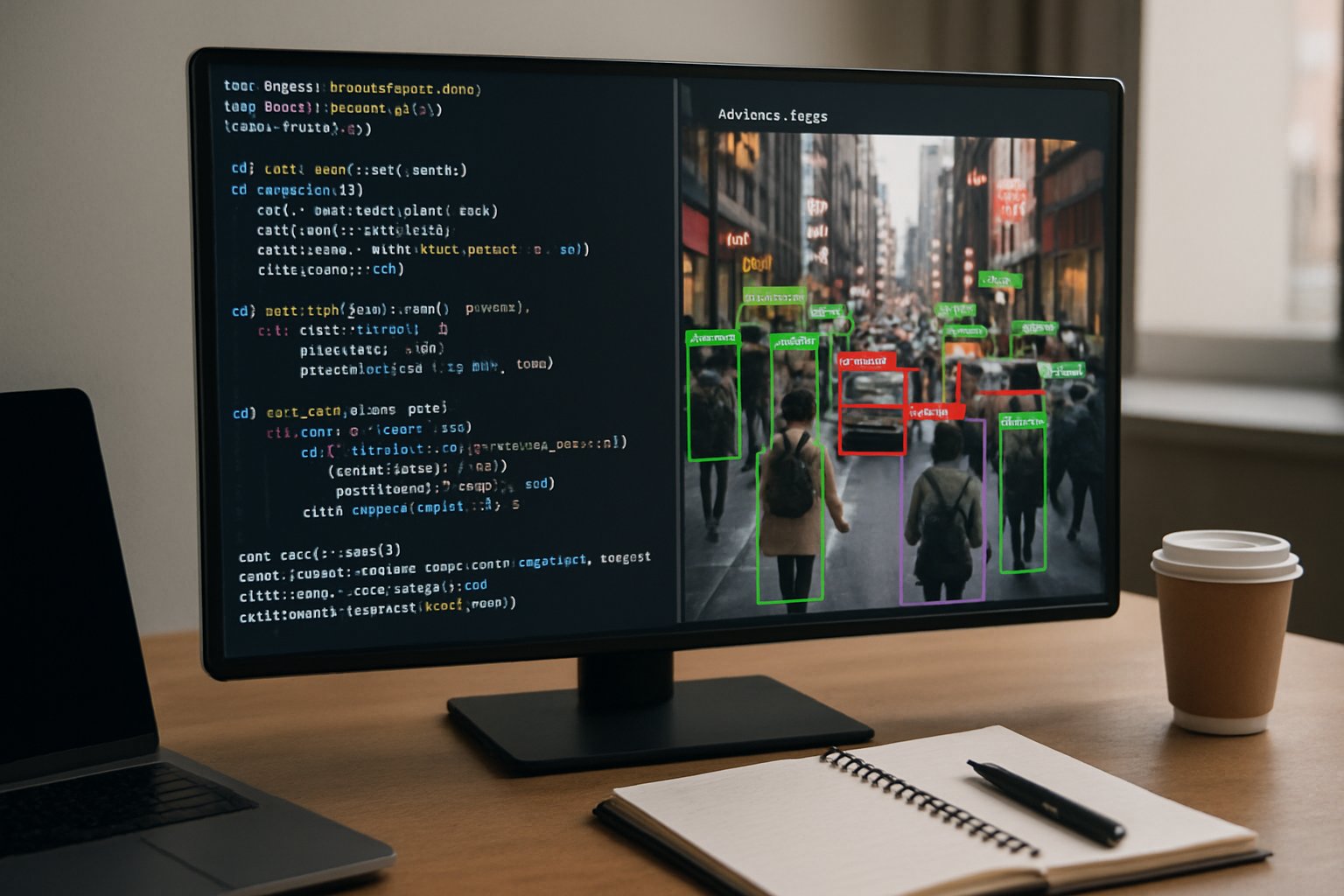 Screen showing urban scene analyzed by Computer Vision Models with highlighted objects.