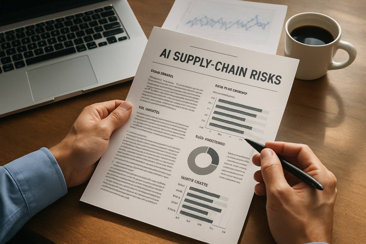 Close-up of hands reviewing AI Safety Regulation supply-chain risk report on desk.
