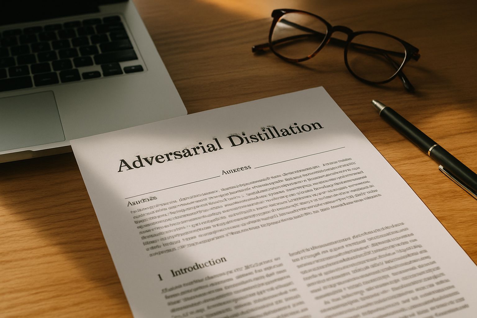 Adversarial Distillation research paper with supportive tech workspace elements.