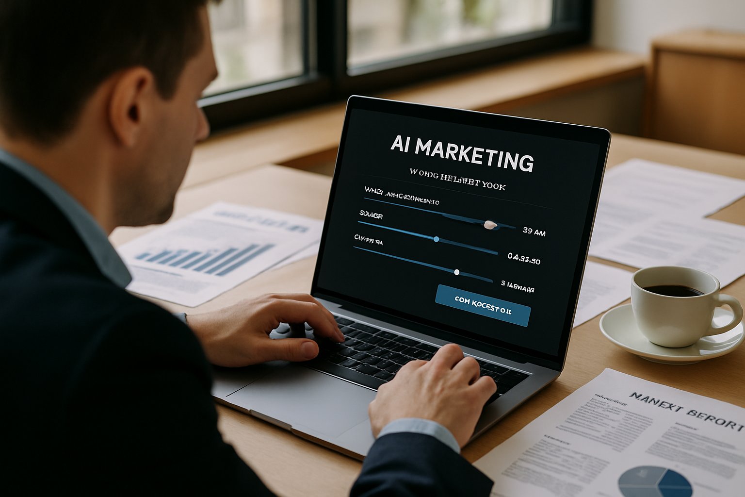 Market researcher using AI Marketing simulation tools on laptop.
