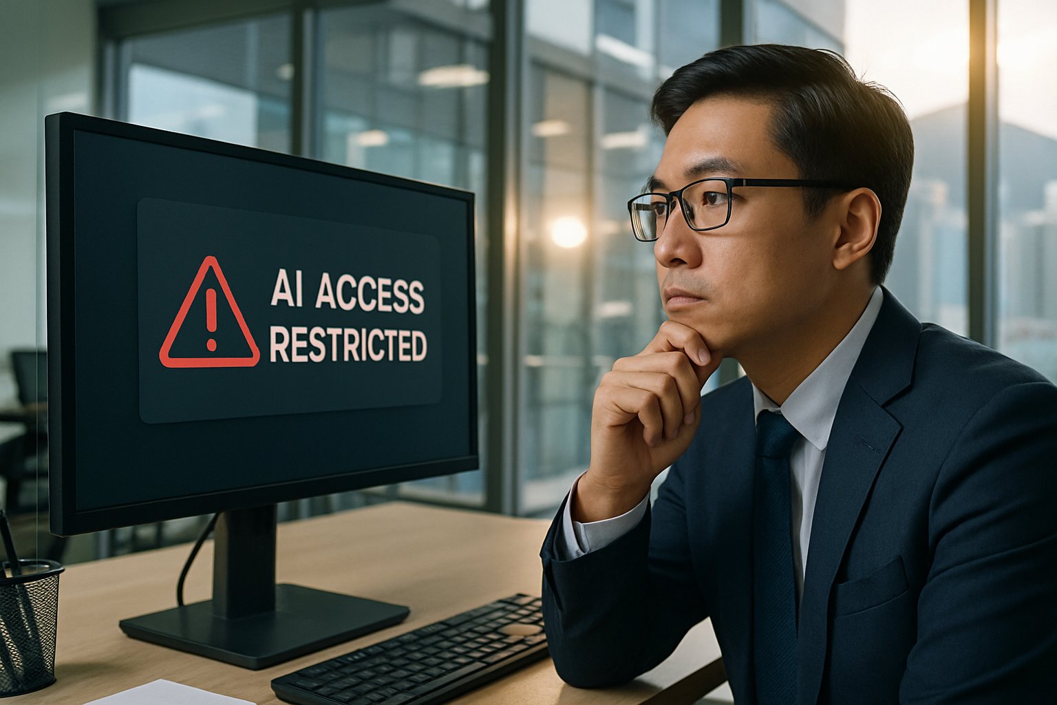 AI Access Restriction notification on office computer in Hong Kong banking sector.